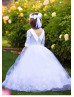 Roll Bateau Collar White Lace Tulle Vintage Flower Girl Dress